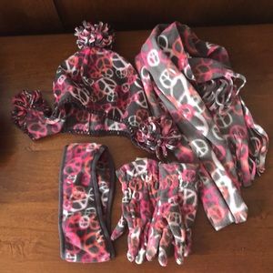 Girls fleece hat, scarf, gloves, and headband